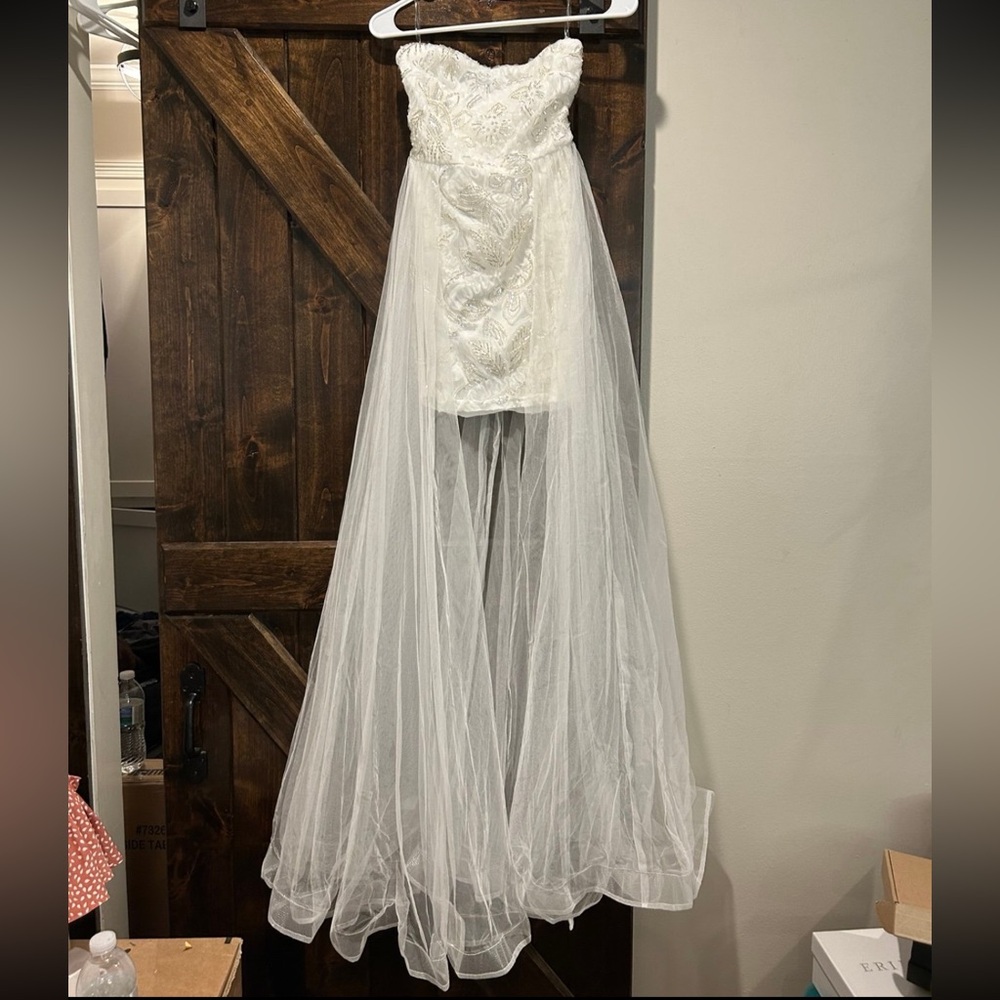 Strapless White Dress with Sheer Overlay - Picture 2 of 8